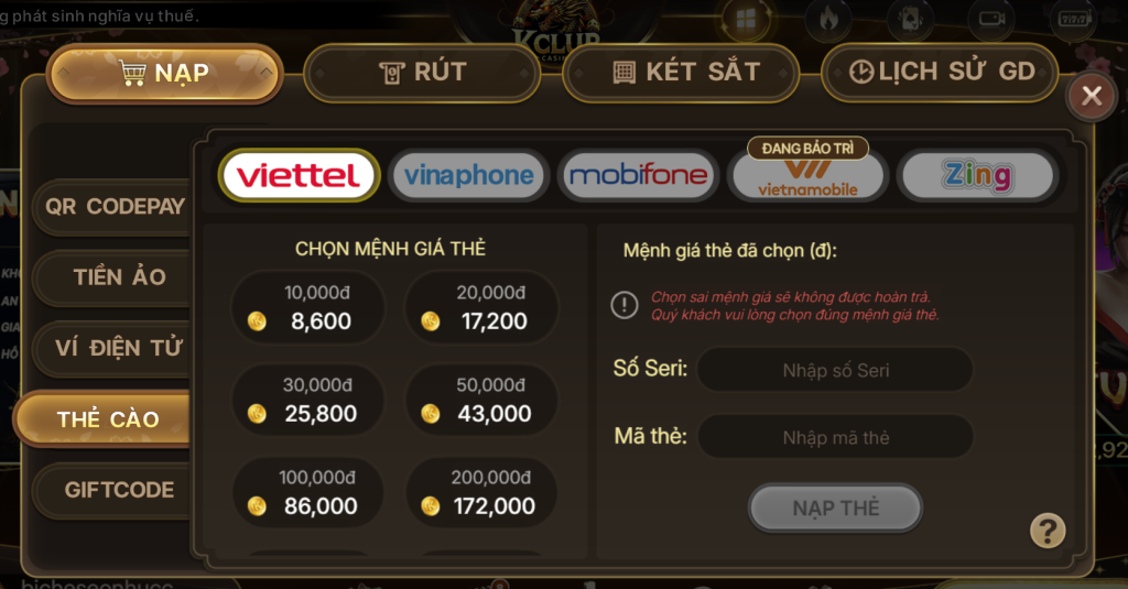 Nạp Tiền KCLUB Bằng Thẻ Cào Điện Thoại