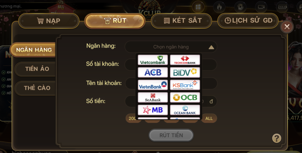 Rút Tiền KCLUB Về Ngân Hàng
