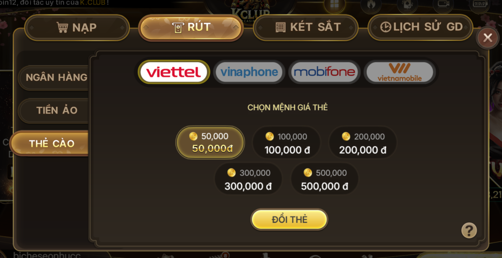 Đổi Thưởng KCLUB Ra Thẻ Cào Điện Thoại